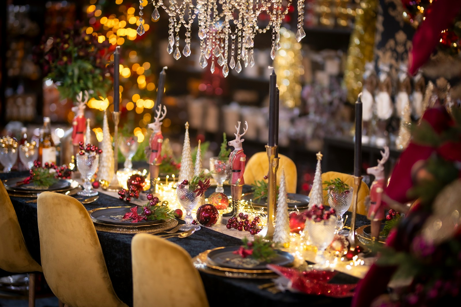 Festively decorated dining table with christmas ornaments