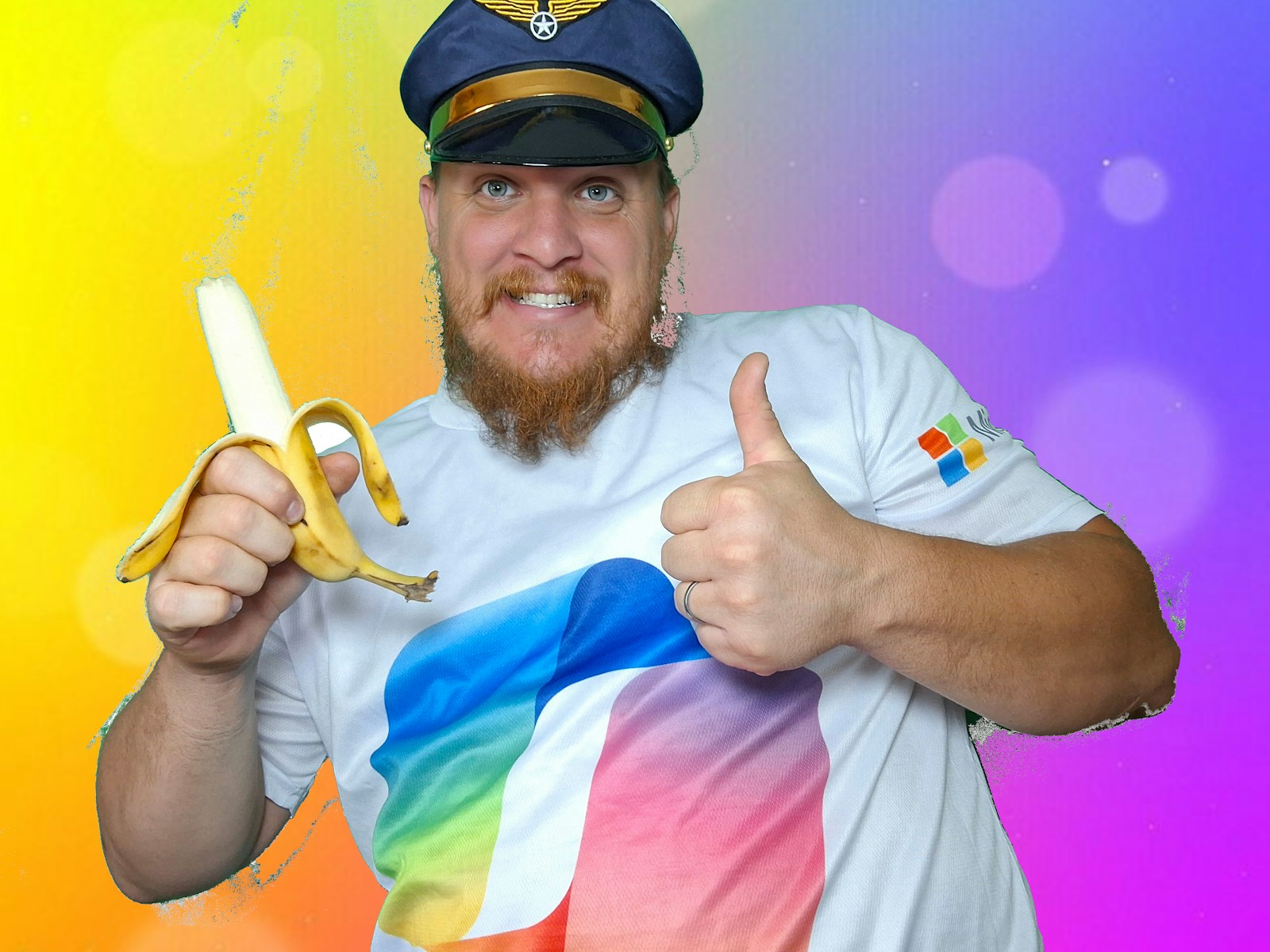 A man holding a pair of scissors and a banana